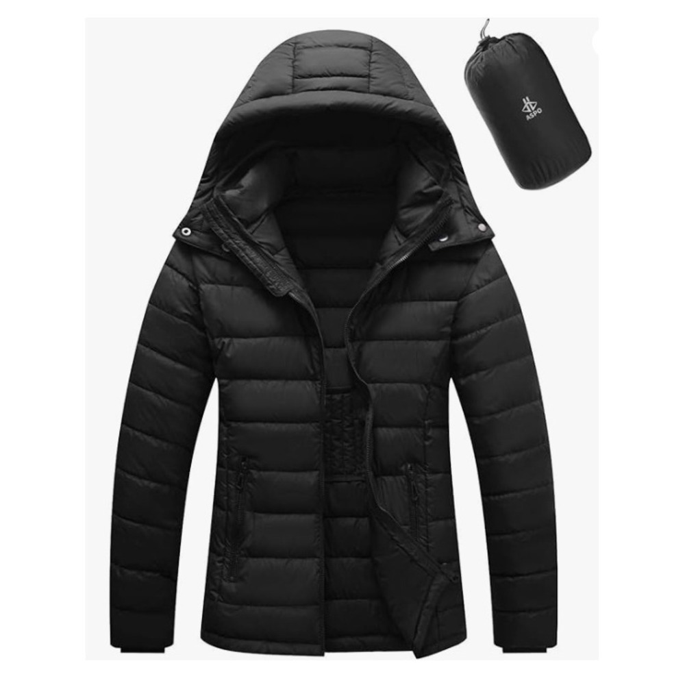 Black Packable Puffer Jacket, Womens 2XL, Lightweight Hooded Winter Coat Outdoor